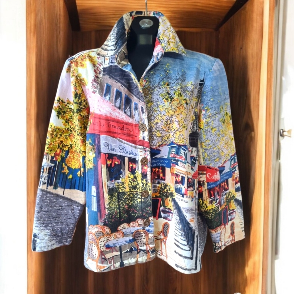 Christopher & Banks Vintage Colourful Artistic Paris Print Denim Jacket Sz 1X
